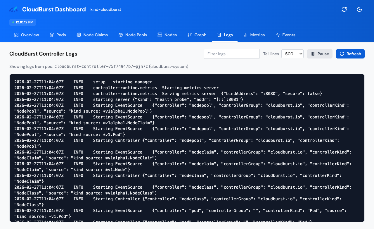 Cloudburst controller logs