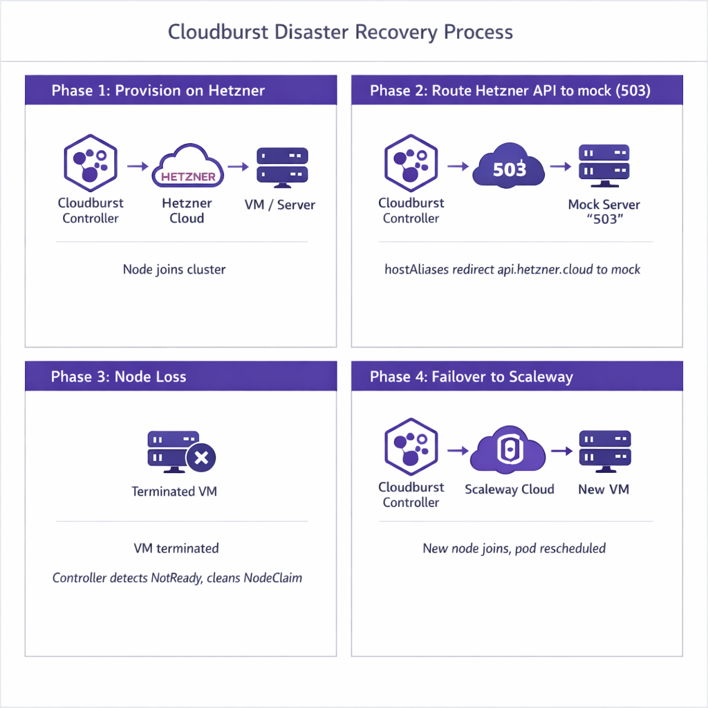 Four phases: Provision on Hetzner, Route Hetzner API to mock (503), Node loss, Failover to Scaleway