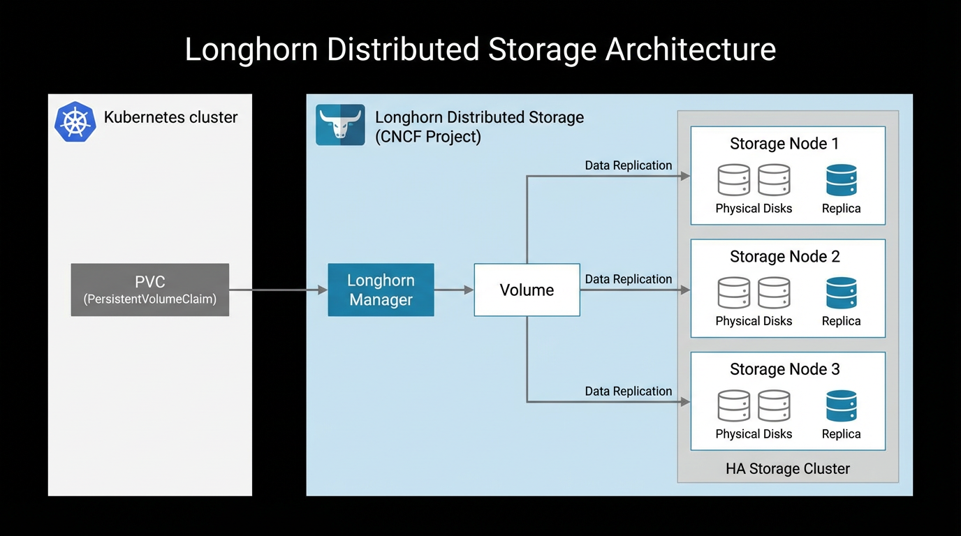 PVC → Longhorn → replicated storage across nodes