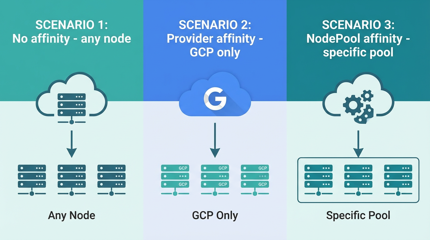 nodeAffinity, podAffinity, podAntiAffinity: how pods target and co-locate on burst nodes